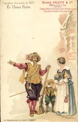 Künstler Ak Robida, Exposition Universelle de 1900, Vieux Paris, Le factionnaire du Grand Chatelet