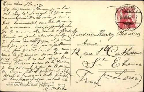 Ak Unterseen Kanton Bern, Landschaft mit Fluss, Fischer auf Boot, alte Gebäude, Bäume