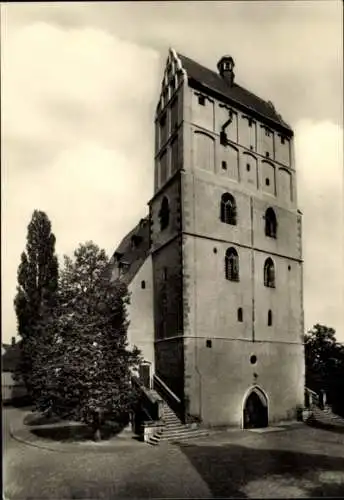Ak Borna in Sachsen, Ev. Luth. Stadtkirche  hoher Turm, umliegende Bäume, Straße