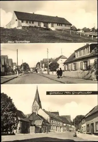 Ak Gützkow in Vorpommern, Neue Sportanlage, Gützkow, Straßenansicht, Kirche