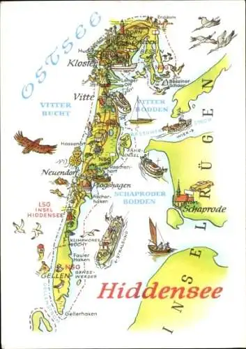 Ak Insel Hiddensee in der Ostsee, Illustrierte Landkarte von  Ostsee, mehrere Ortsnamen, maritime
