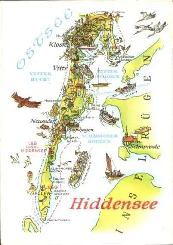 Ak Insel Hiddensee in der Ostsee, Karte von  Ostsee, Insel, Inselkarte, Schaprode