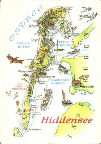 Ak Insel Hiddensee in der Ostsee, Karte von  viele Ortsnamen, Schiffe, Inselansicht