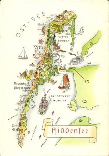 Landkarten Ak Insel Hiddensee Ostsee, Vitte, Neuendorf, Plogshagen, Neuendorf, Bodden, Kloster