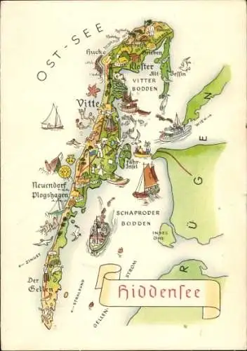 Landkarten Ak Insel Hiddensee Ostsee, Vitte, Neuendorf, Plogshagen, Neuendorf, Bodden, Kloster