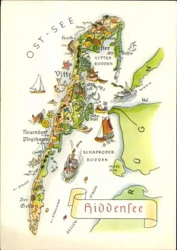 Landkarten Ak Insel Hiddensee Ostsee, Vitte, Neuendorf, Plogshagen, Neuendorf, Bodden, Kloster