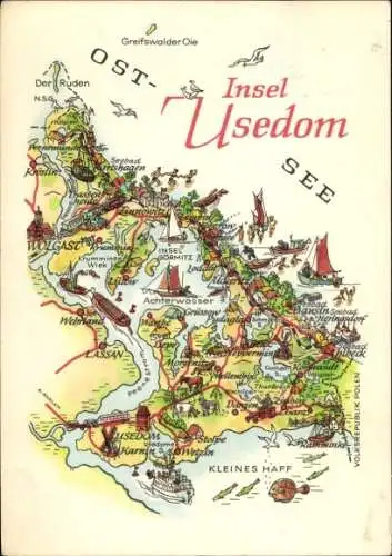 Ak Insel Usedom, Illustrierte Karte der Insel  Umgebungskarte, Sehenswürdigkeiten