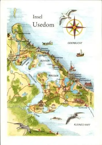 Landkarten Ak Insel Usedom, Nautischer Stern, Achterwasser, Kleines Haff, Oderbucht