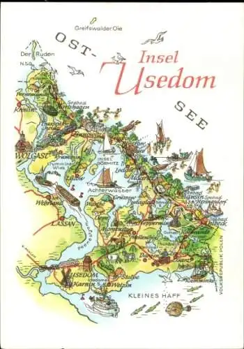 Ak Insel Usedom, Karte von  Inselansicht, Sehenswürdigkeiten, Gewässer