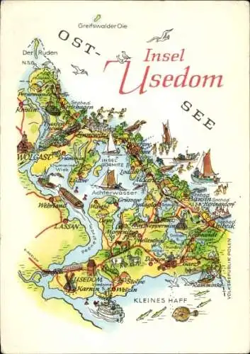 Ak Insel Usedom, Illustrierte Landkarte, Insel  Gewässer, Orte, Fähren