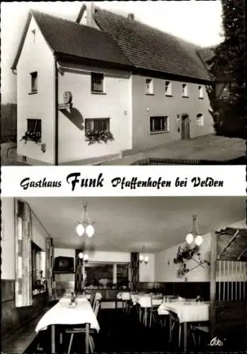 Ak Pfaffenhofen in Württemberg, Gasthaus Funk, Gebäudeaufnahme, Innenansicht,  Fotografie