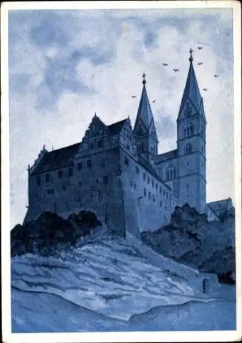 Ak Quedlinburg im Harz, Schloss mit zwei Türmen, Wald, Berg, blaue Farbgebung