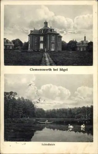 Ak Sögel im Emsland, Clemenswerth, Schloßteich, Landschaft mit Wasser, Gebäude