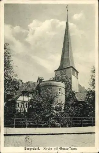 Ak Hamburg Bergedorf, Kirche mit Hasse-Turm,  Architektur, ruhige Umgebung