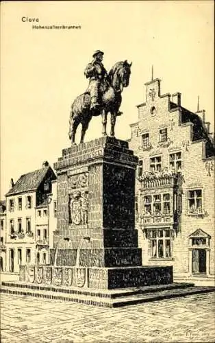 Ak Bad Cleve Kleve am Niederrhein, Hohenzollernbrunnen, Reiterstatue,  Architektur