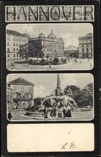 Ak Hannover in Niedersachsen, Bismarckdenkmal, Hauptpost, Fontaine vor der Flusswasserkun