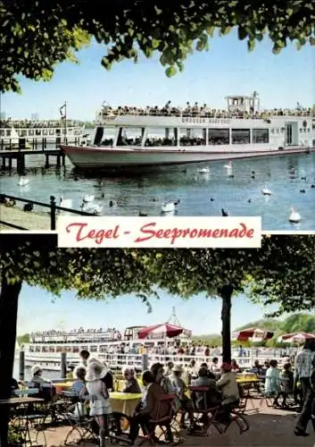 Ak Berlin Reinickendorf Tegel, Boot auf dem Wasser, Seepromenade, Menschen auf dem Boot, Enten au