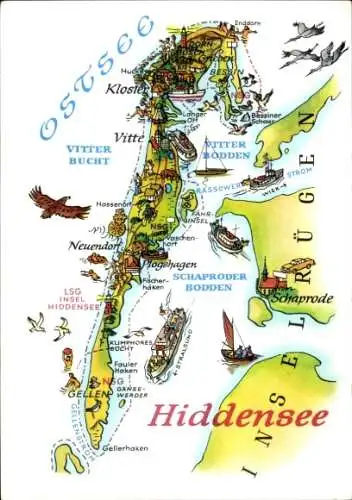 Ak Insel Hiddensee in der Ostsee, Karte von  zeigt Orte und Gewässer der Umgebung, farbenfroh