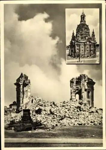 Ak Dresden Altstadt, Zerstörte Ruinen, Frauenkirche im Bildausschnitt, Schwarz-Weiß-Fotografie