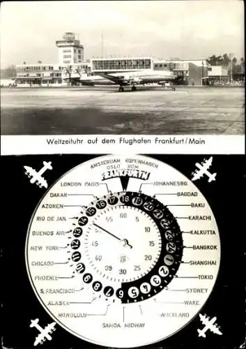 Ak Frankfurt am Main, Flughafen, Weltzeituhr, Flugzeug