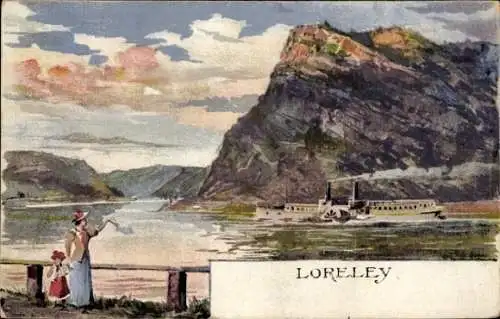 Künstler Ak Loreley, Rheinpartie, Salondampfer, Felsen