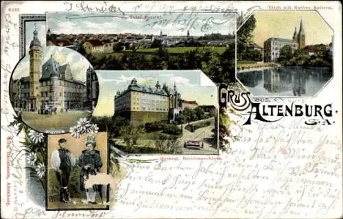 Ak Altenburg in Thüringen, Totalansicht, Herzogl. Schloss, Rathaus, Thüringer Volkstracht