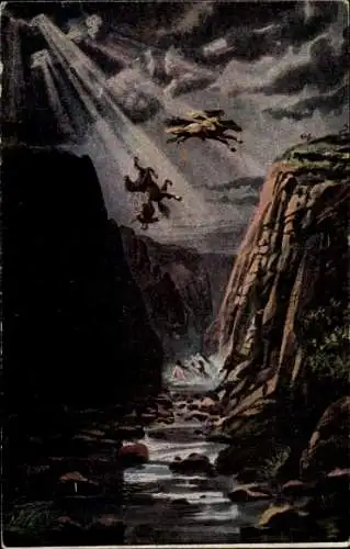 Künstler Ak Die Sage von der Rosstrappe, Pferdesprung, Absturz