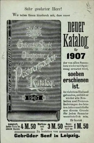 Ganzsachen Ak Gebrüder Senf's Illustrierter Postwertzeichenkatalog 1907, Reklame