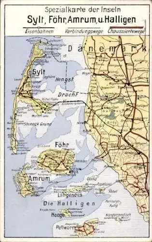 Landkarten Ak Spezialkarte der Inseln Sylt, Föhr, Amrum und Halligen
