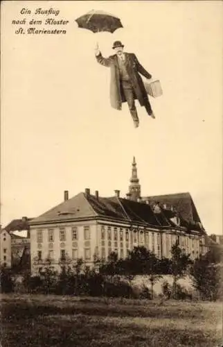 Ak Panschwitz Kuckau, fliegender Mann m. Schirm Kloster
