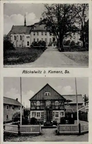 Ak Räckelwitz Oberlausitz, Krankenshaus, Kriegerdenkmal, Vorderansicht