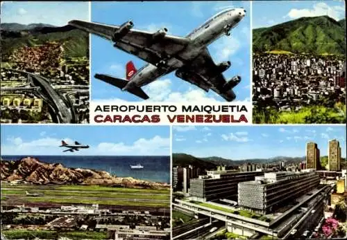 Ak Caracas Venezuela, Flughafen, Flugzeuge, Stadtansicht, Küstenlinie, Bergen