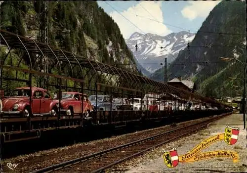 Ak Brenner Tirol Österreich, Bockstein, Tauerntunnel, Autos auf Zug, Berge, 