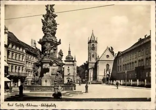 Ak Teplice Šanov Teplitz Schönau Region Aussig, Brunnen auf dem Schlossplatz, Kirche