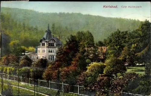 Ak Karlovy Vary Karlsbad Stadt, Blick auf das Cafe Kaiserpark