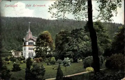 Ak Karlovy Vary Karlsbad Stadt, Café Kaiserpark, Waldblick