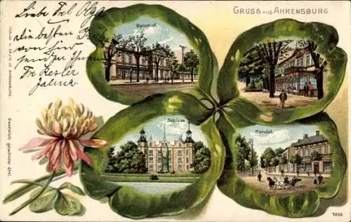 Ak Ahrensburg in Holstein, Bahnhof, Schloss, Rondel, Gruß aus Ahrensburg