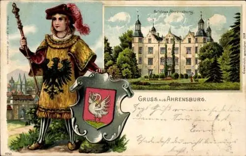 Ak Ahrensburg in Holstein, junger Ritter mit Wappen, Schloss Ahrensburg im Hintergrund, Gruß