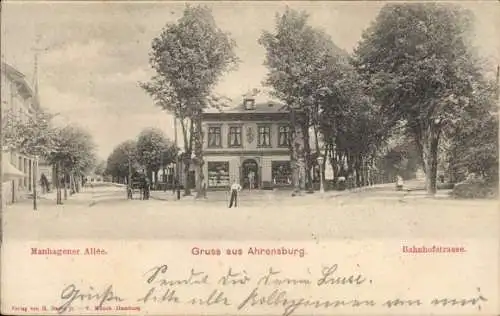 Ak Ahrensburg in Holstein, Manhagener Allee, Bahnhofstraße, Geschäftshaus