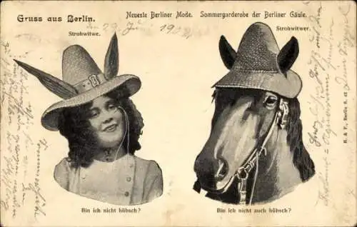 Ak Berlin, Neueste Berliner Mode 1901, Strohwitwe, Strohwitwer, Pferd, Hüte, Humor
