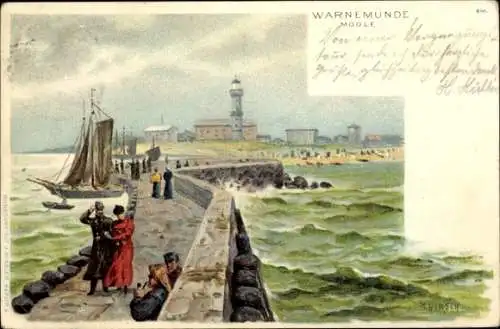 Künstler Litho Hirsch, H., Warnemünde Rostock in Mecklenburg, Partie an der Mole, Leuchtturm