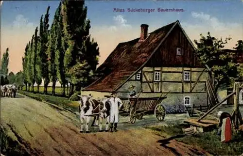 Ak Altes westfälisches Bauernhaus, Ochsenkarren