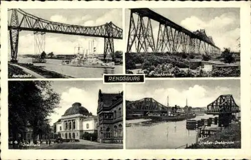 Ak Rendsburg in Schleswig Holstein, Hochbrücke, Stadthalle, Straßen Drehbrücke
