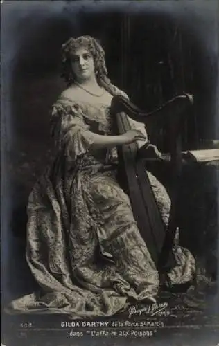 Ak Schauspielerin Gilda Darthy, Porträt, Harfe
