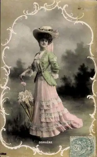 Passepartout Ak Schauspielerin Dorgère, Standportrait, Schirm