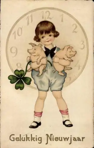 Ak Glückwunsch Neujahr, Kleeblatt, Kind, Ferkel