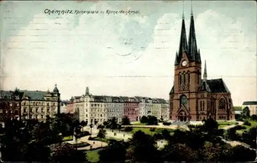 Ak Chemnitz, Körnerplatz mit Körnerdenkmal, Kirche