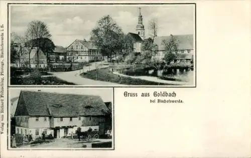 Ak Goldbach Bischofswerda im Kreis Bautzen, Teilanscht, Kirche, Fachwerkhaus, Gehöft