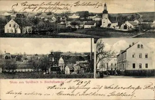 Ak Goldbach Bischofswerda im Kreis Bautzen, Drei Ansichten von Goldbach, Kirche, Häuser, Landscha