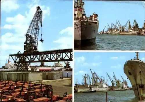 Ak Hansestadt Rostock, Überseehafen, Kran, Traktoren